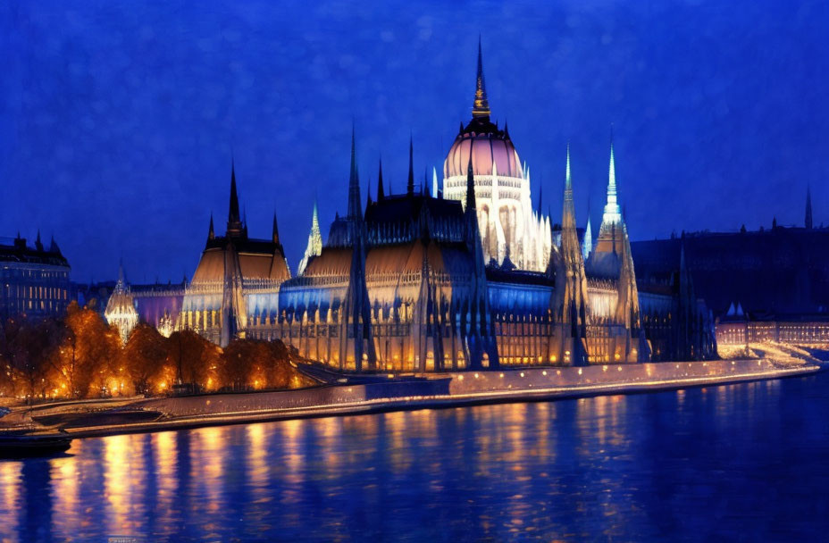 Night view of illuminated Hungarian Parliament Building and Danube River in Budapest