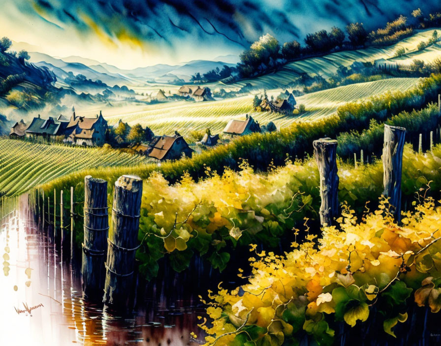 Lush vineyard painting with yellow grapevines and rolling hills