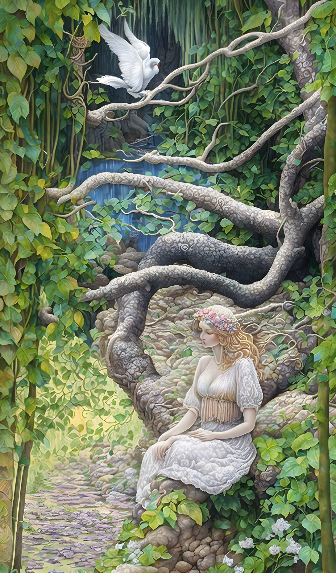 Fantasy painting of serene woman in lush forest with white dove