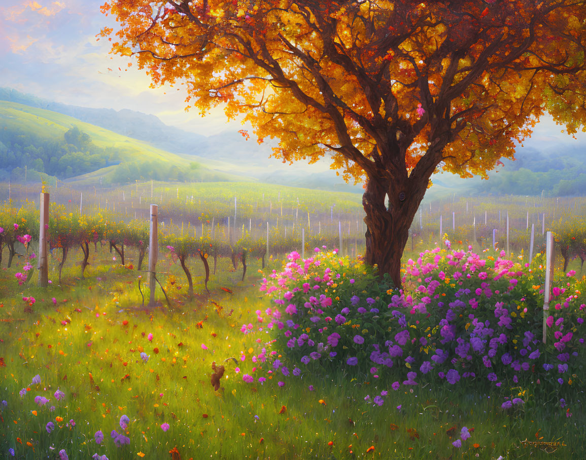 Colorful Landscape with Golden Tree and Vineyard Hills