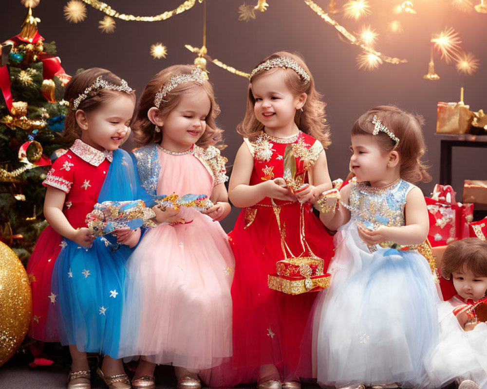 Four young girls in princess dresses and tiaras celebrating Christmas with gifts, lights, and a tree.