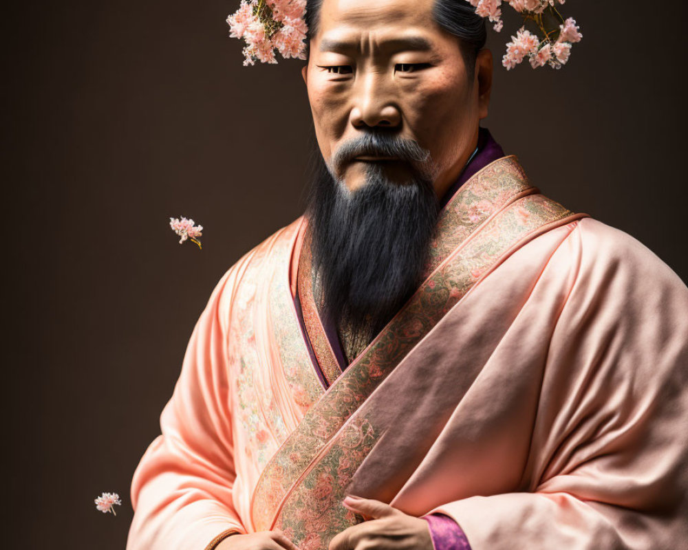 Traditional Eastern attire man with cherry blossoms in hair