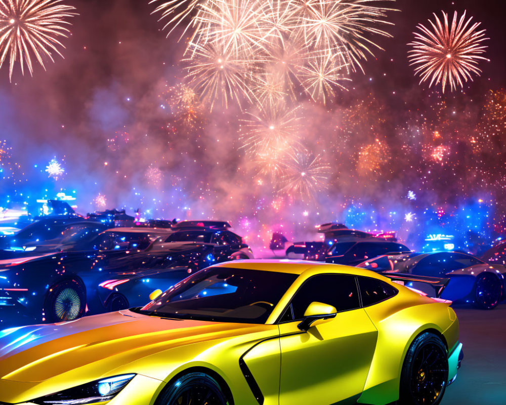 Vibrant yellow sports car amidst fireworks and colorful lights