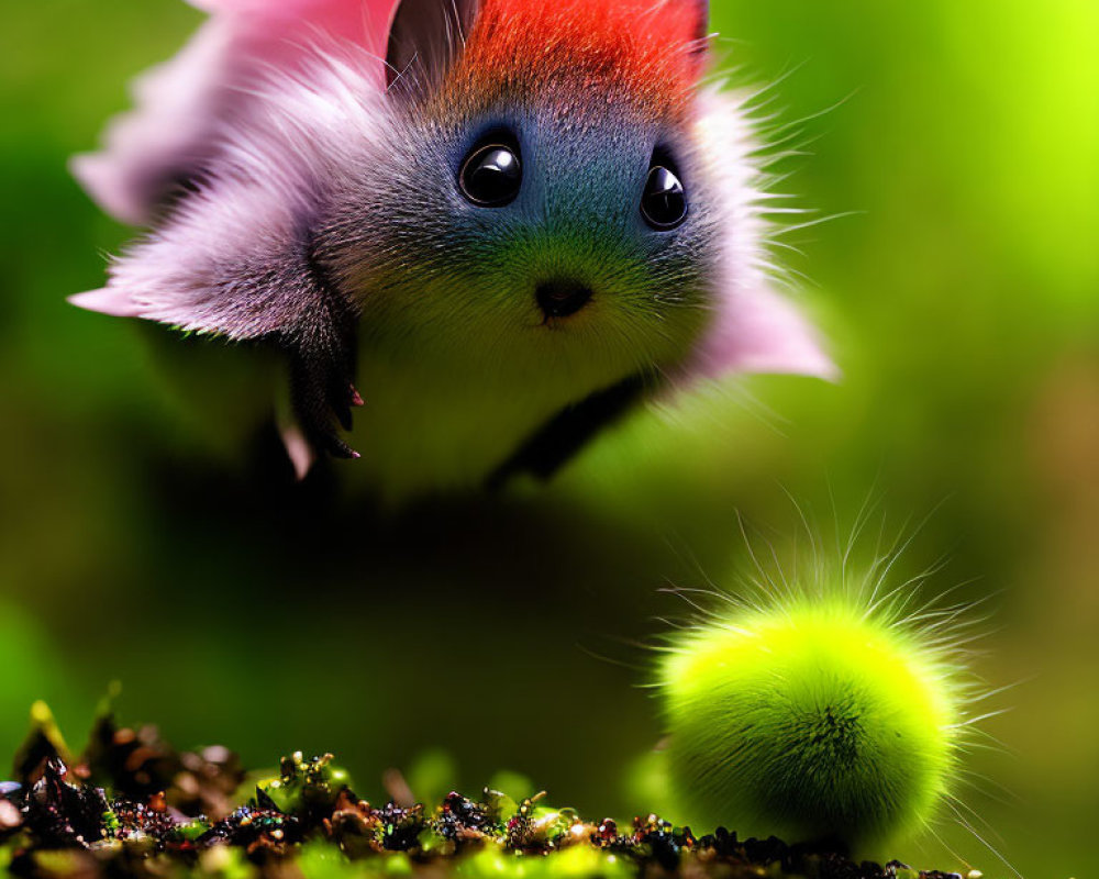 Colorful Spiky-Haired Small Animal with Blue Eyes on Green Background