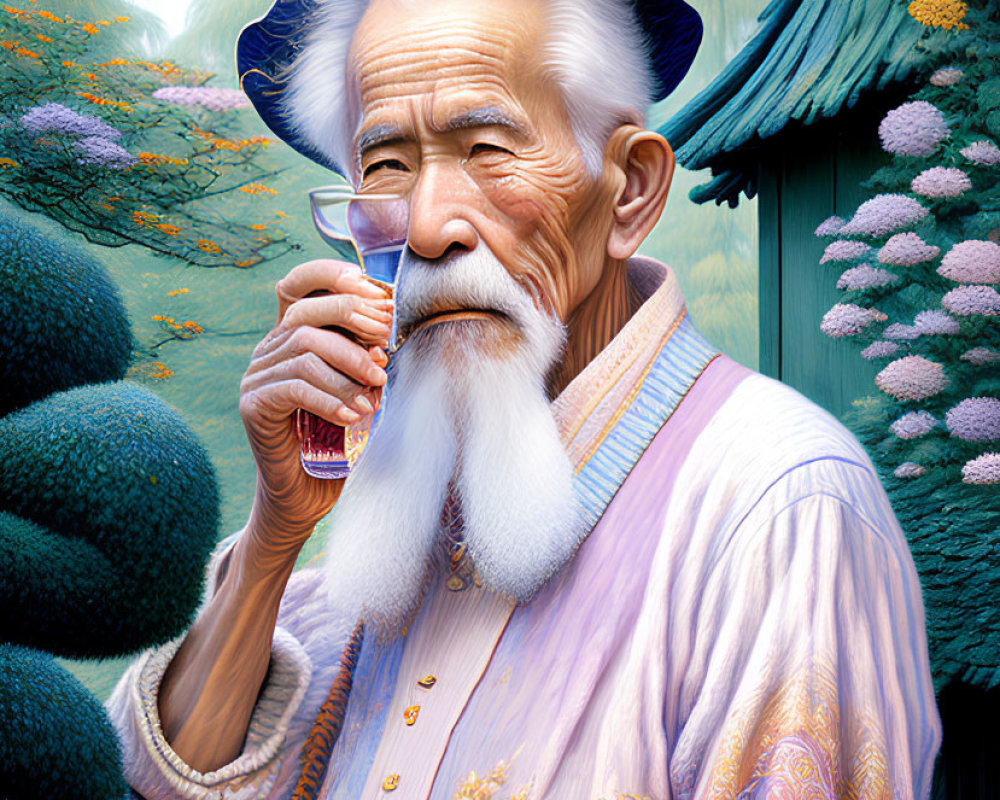 Elderly man in Asian attire sipping tea outdoors with pagodas.