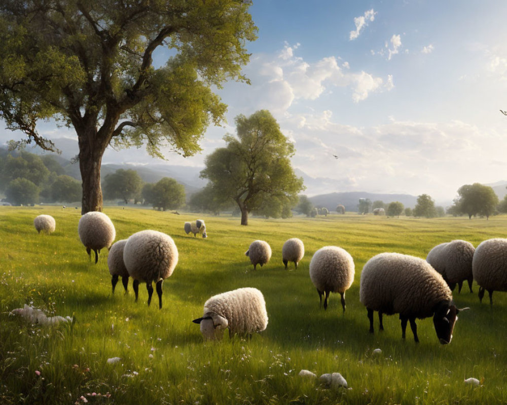 Tranquil pastoral landscape with grazing sheep and birds in sunny field