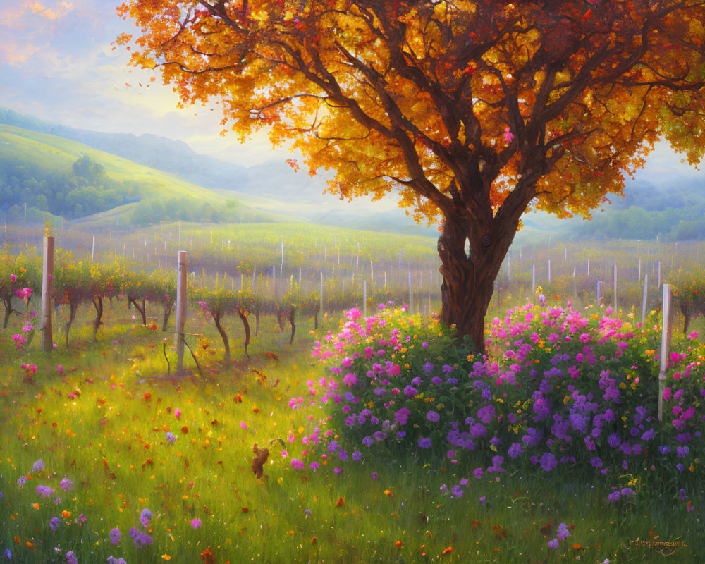 Colorful Landscape with Golden Tree and Vineyard Hills