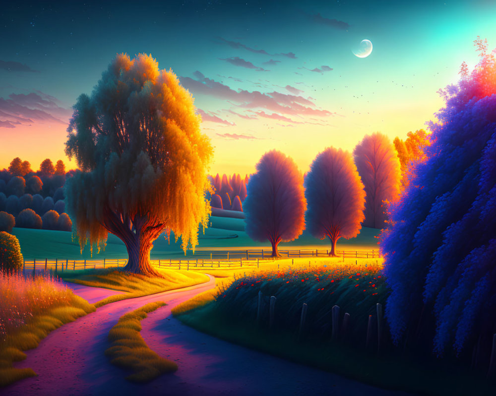 Colorful Dusk Landscape with Crescent Moon and Starry Sky