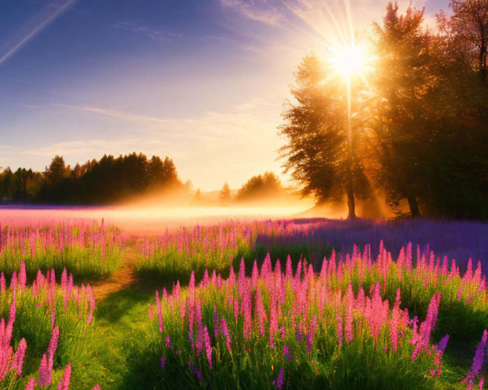 Misty forest sunrise with vibrant purple flowers