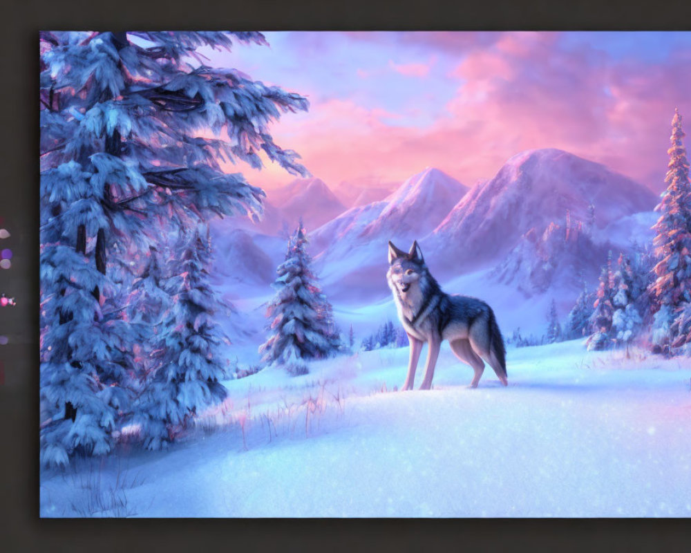 Wolf in snowy landscape at twilight with pink and purple sky