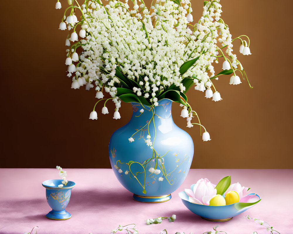 Blue porcelain vase with white flowers, cup, plate of lemons on table against brown backdrop