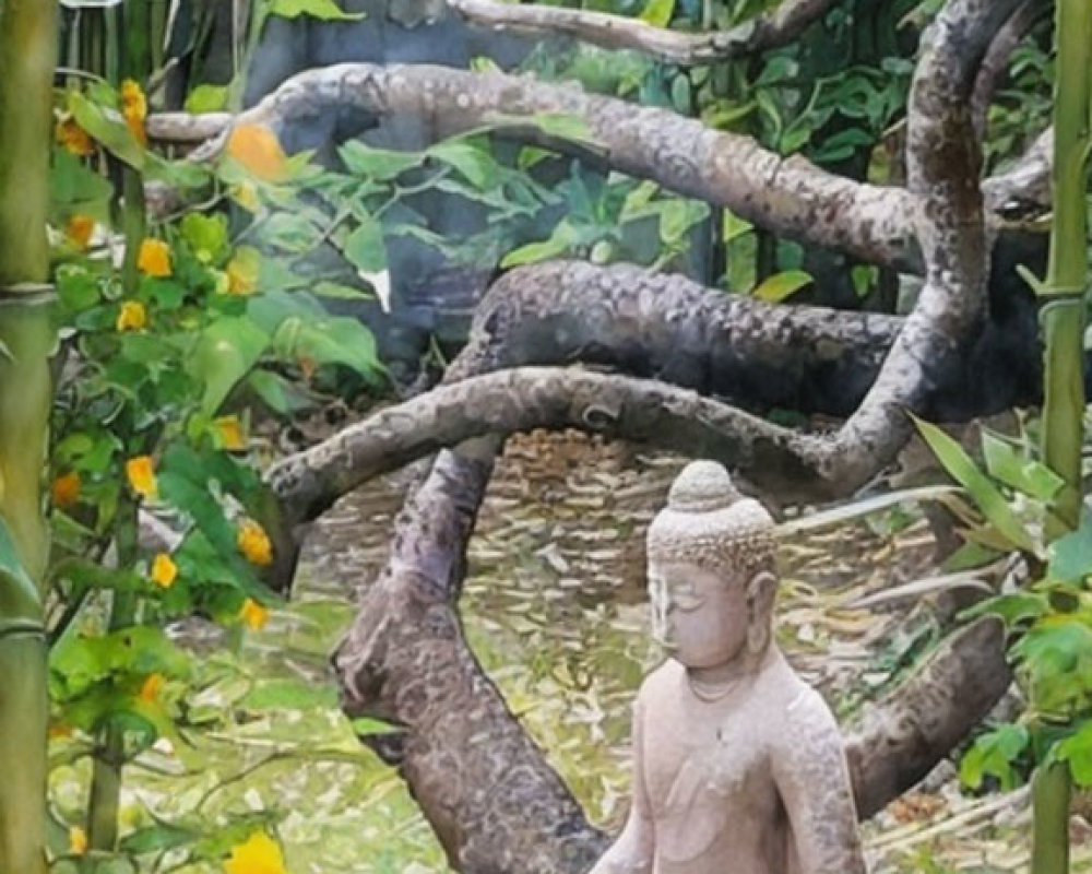 Stone Buddha statue meditating in lush garden with twisted tree branches.