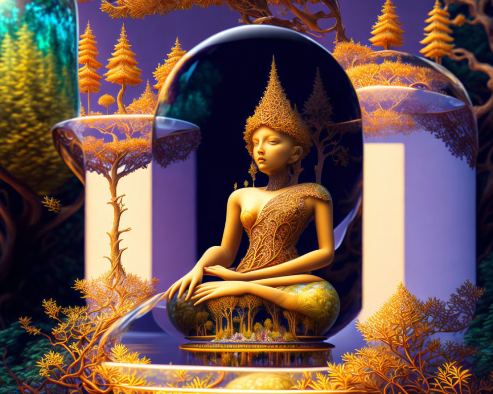 Meditating figure with intricate headpiece in surreal landscape