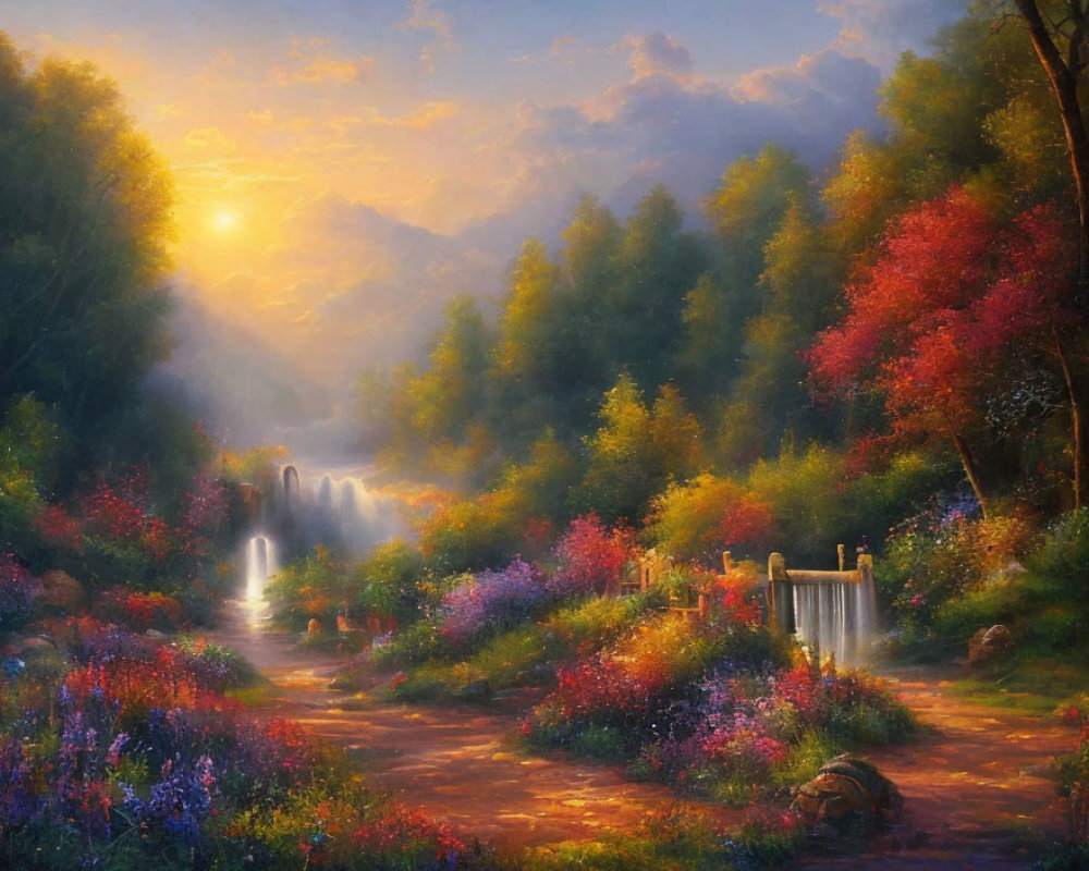 Tranquil sunset landscape with vibrant flowers, river, waterfalls, and wooden bridge