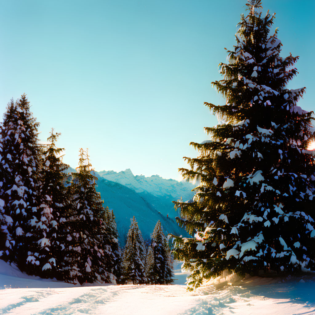 Winter scene: Snow-covered pine trees, mountains, and blue sky