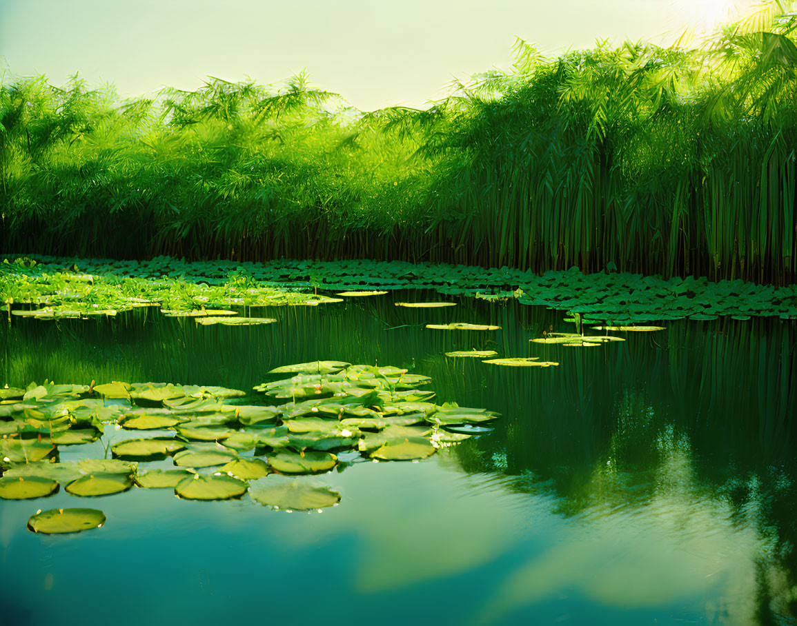 Tranquil pond with lily pads and lush greenery in warm sunlight