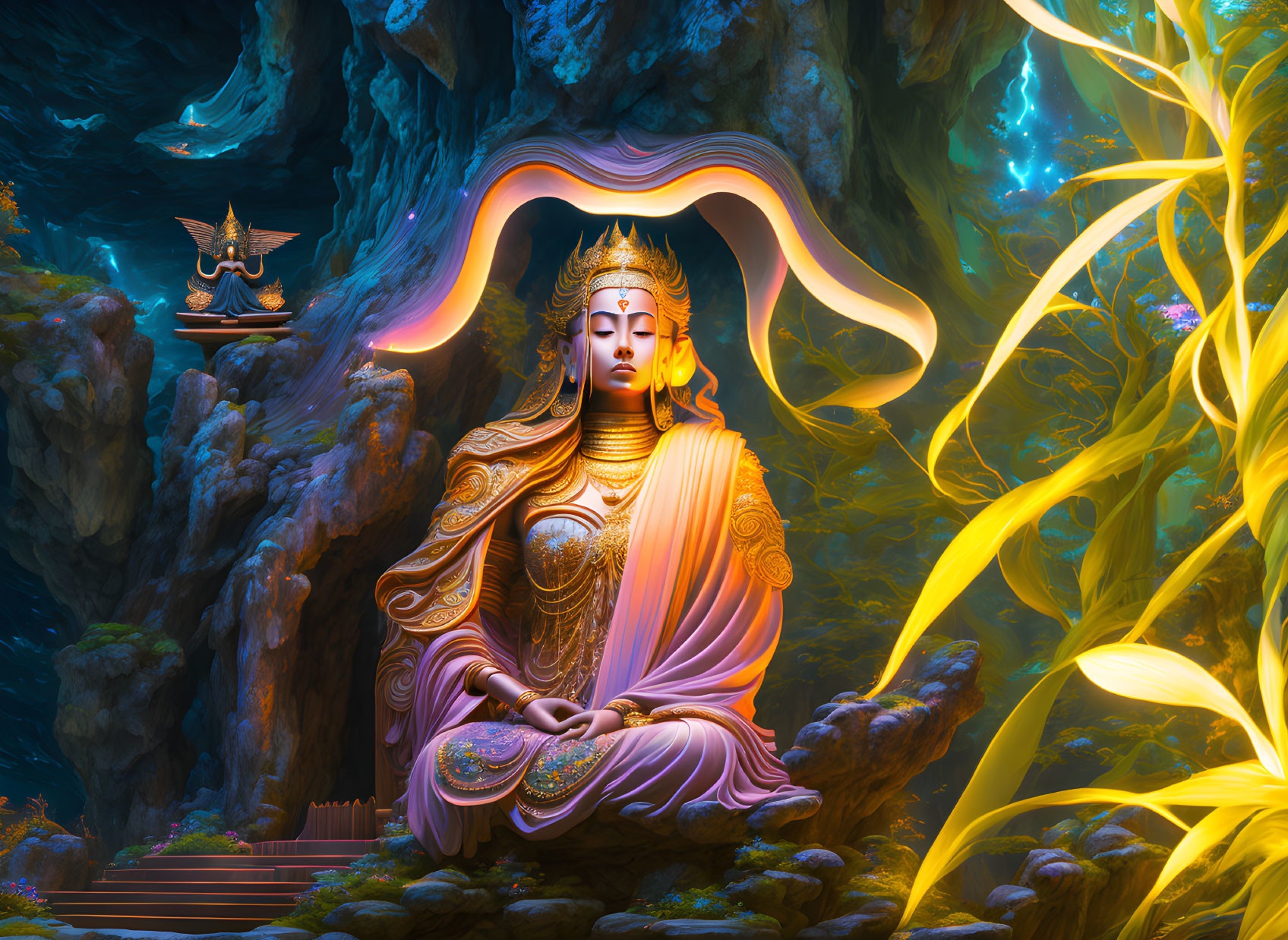 Serene multi-armed deity in glowing cave artwork