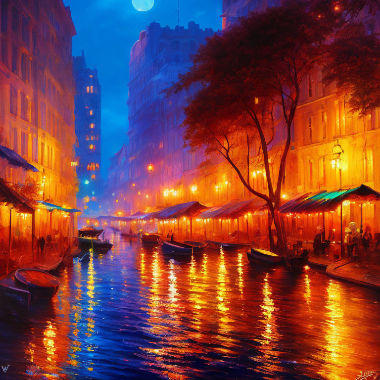 Moonlit cityscape painting: streetlights, canal reflections, moored boats