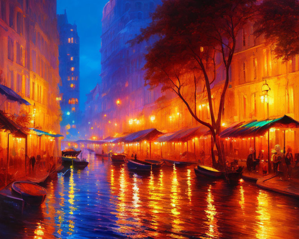 Moonlit cityscape painting: streetlights, canal reflections, moored boats