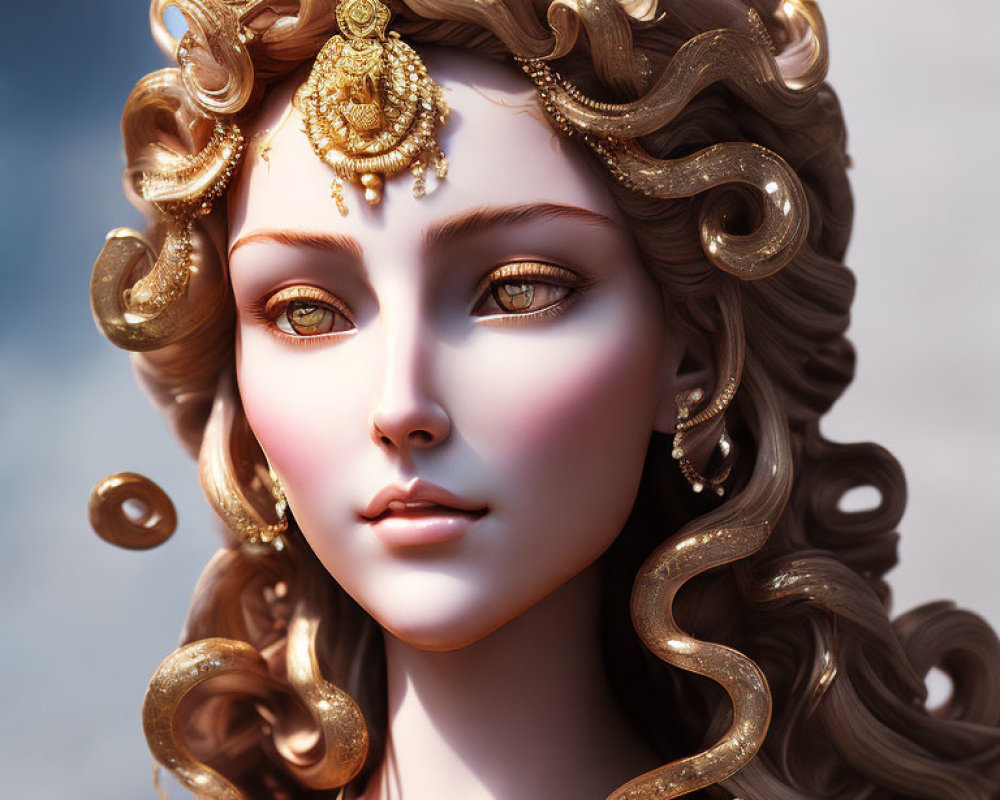 Portrait of a Woman with Golden Hair Ornaments in 3D Art