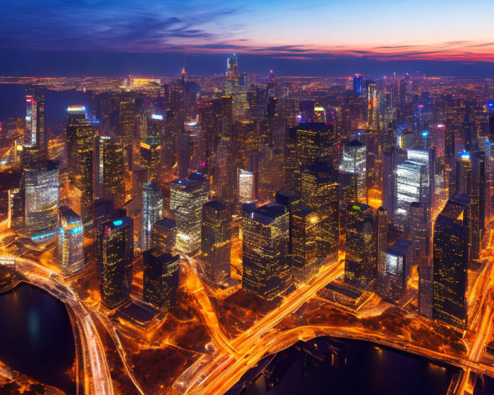 Bustling Cityscape with Illuminated Skyscrapers and Sunset