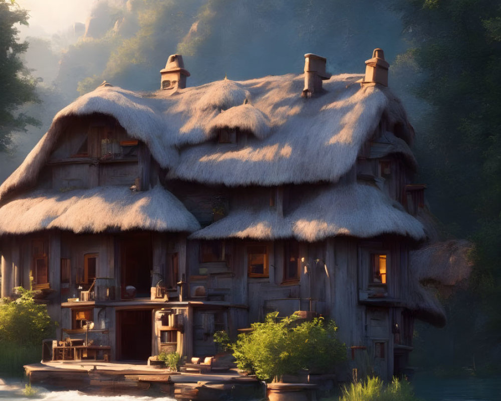 Riverside thatched-roof cottage at sunrise with hilly landscape