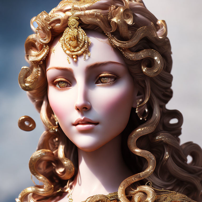 Portrait of a Woman with Golden Hair Ornaments in 3D Art