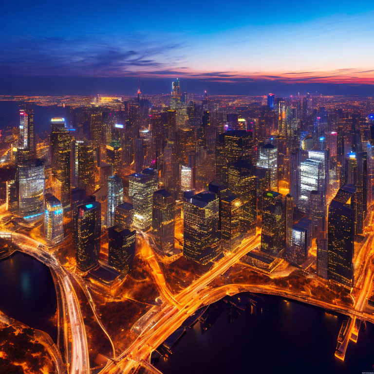 Bustling Cityscape with Illuminated Skyscrapers and Sunset