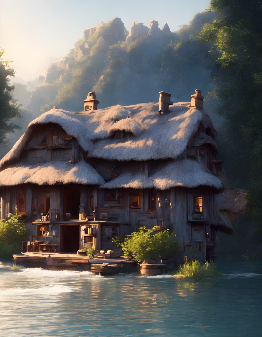 Riverside thatched-roof cottage at sunrise with hilly landscape