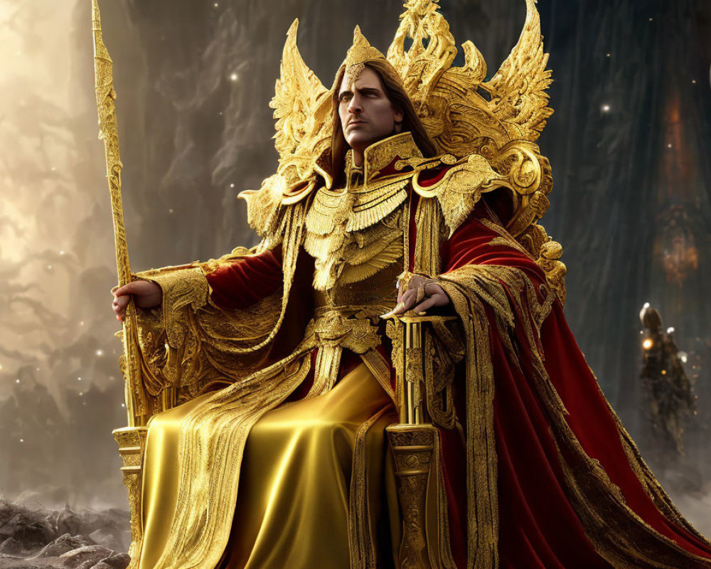 Golden-armored figure on majestic throne exudes power.