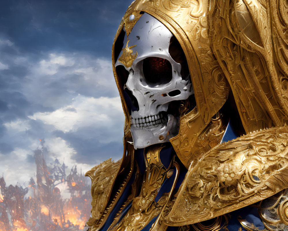 Skeleton in ornate golden armor on fiery battlefield