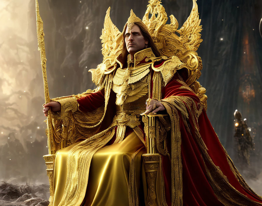 Golden-armored figure on majestic throne exudes power.