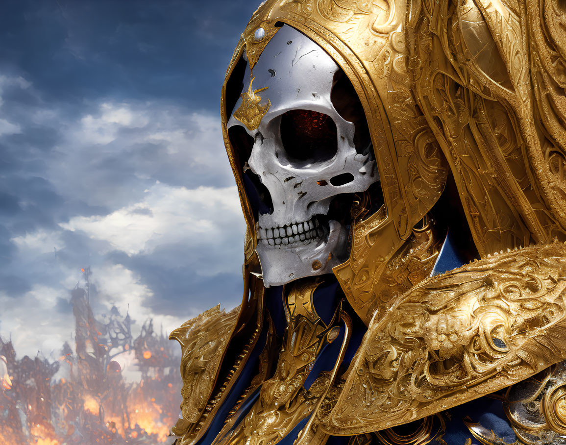 Skeleton in ornate golden armor on fiery battlefield