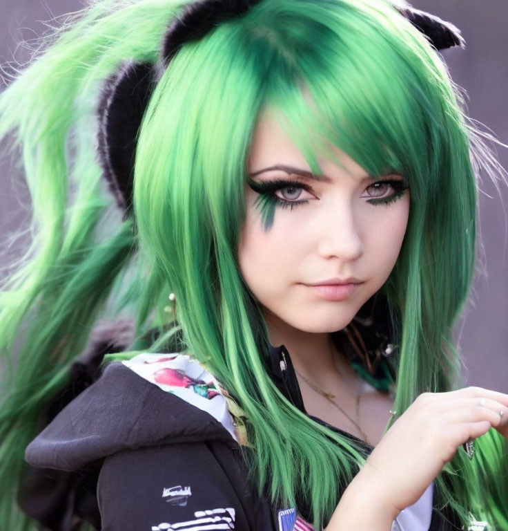 Vibrant green and black hair styled with cat ear tufts, heavy black eyeliner, g