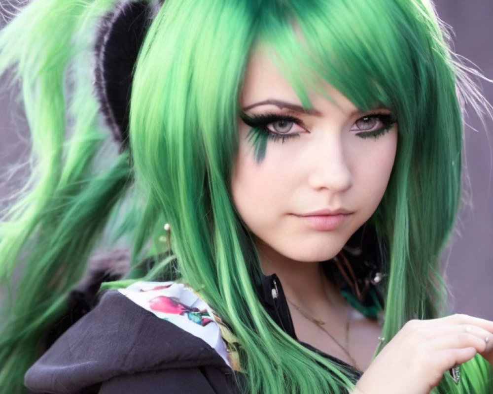 Vibrant green and black hair styled with cat ear tufts, heavy black eyeliner, g