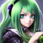 Vibrant green and black hair styled with cat ear tufts, heavy black eyeliner, g