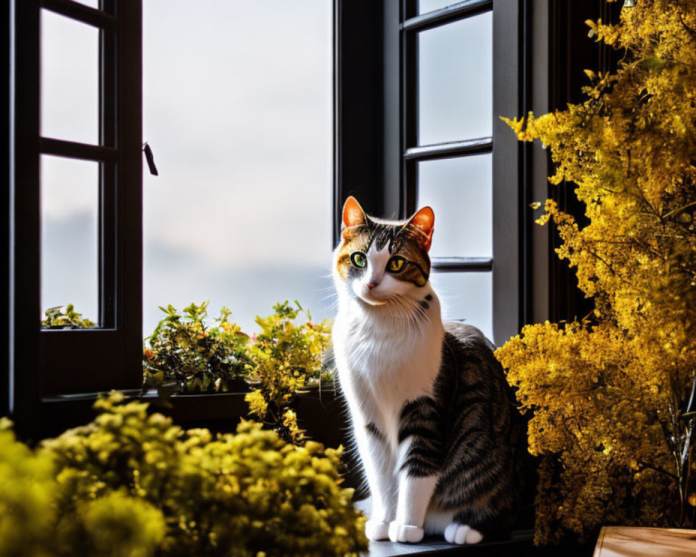 Calico Cat Sitting on Windowsill with Yellow Flowers and Black Frames