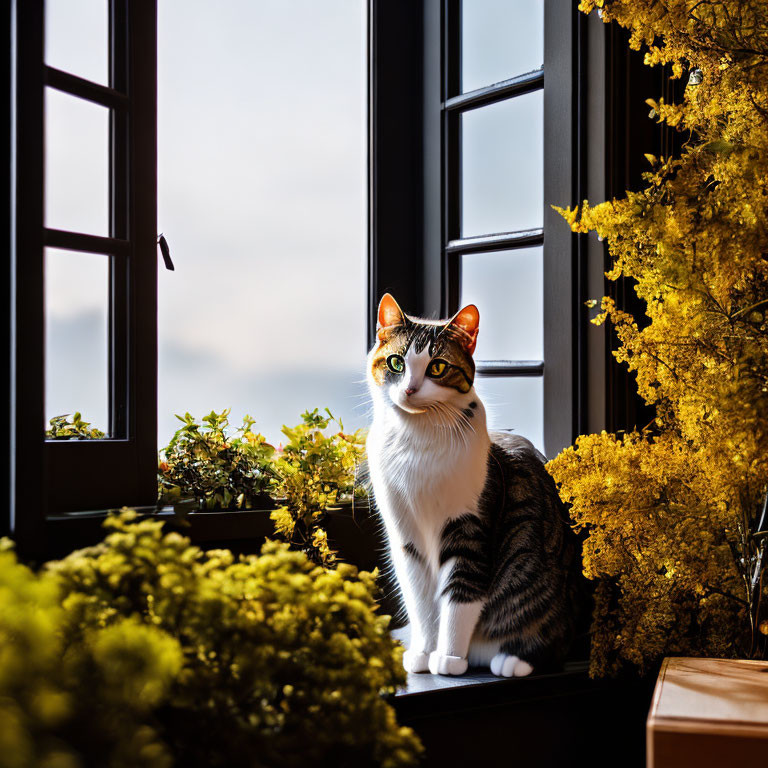 Calico Cat Sitting on Windowsill with Yellow Flowers and Black Frames