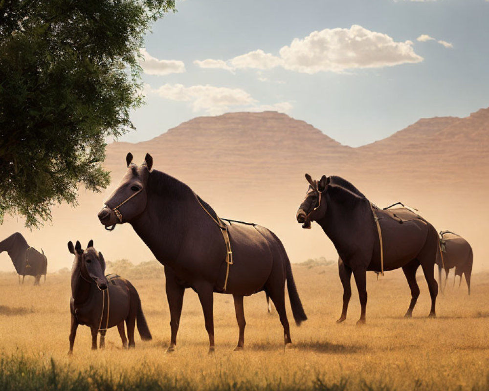 Saddled horses in field with tree, hills, and hazy sky