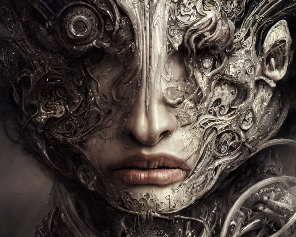 Intricate metallic patterns on face blend organic and mechanical elements