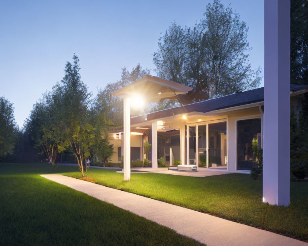 Modern single-story home with well-lit porch, large windows, and sprawling lawn