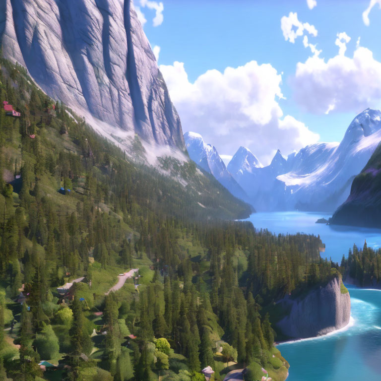 Majestic mountains, lush forest, winding paths, tranquil lake in serene animated landscape