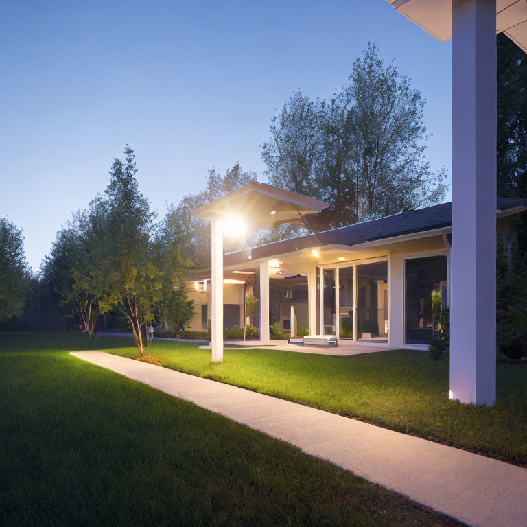 Modern single-story home with well-lit porch, large windows, and sprawling lawn