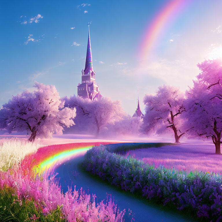 Colorful Fantasy Landscape with Pink Trees, Rainbow, and Castle