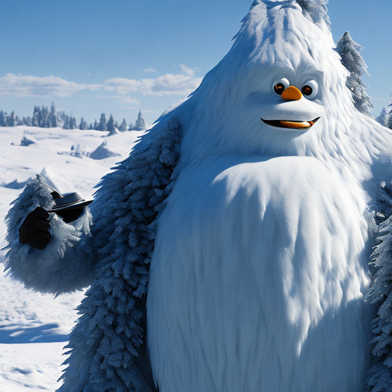 Smiling animated yeti in snowy landscape