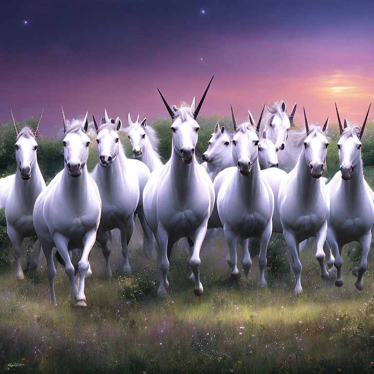 White unicorns with spiraled horns in twilight meadow at sunset