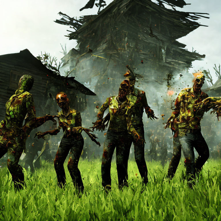 Four aggressive zombies in blood-stained clothes in grassy field with wooden structure