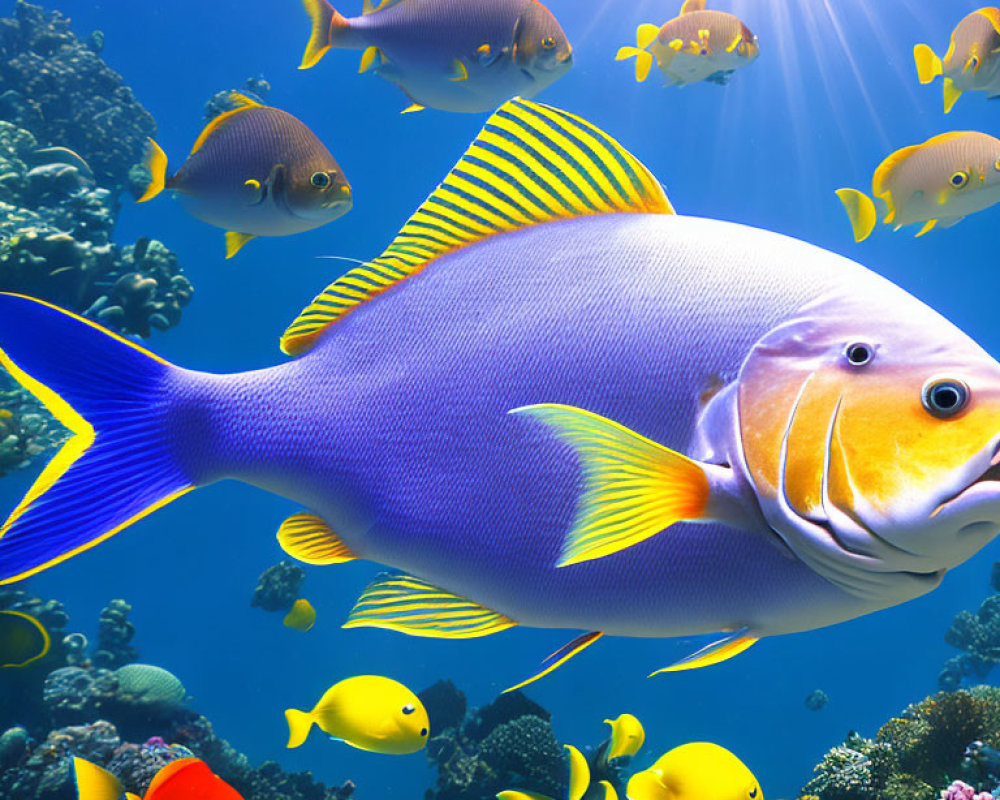 Vibrant fish and coral reefs in sunlit water