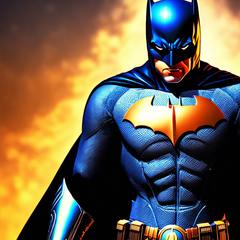 Superhero Art: Batman in Blue and Gray Suit on Fiery Orange Background