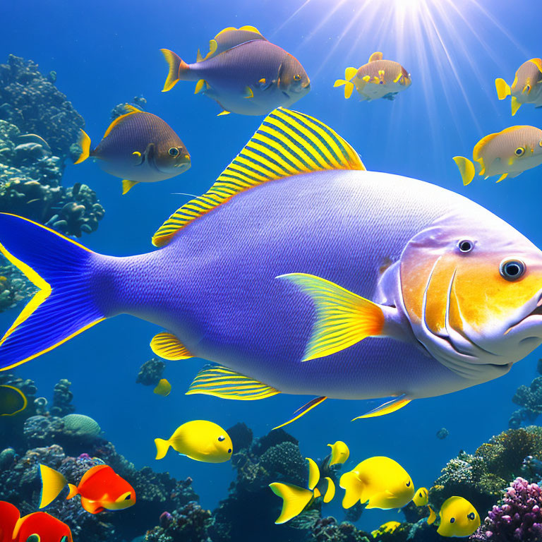 Vibrant fish and coral reefs in sunlit water